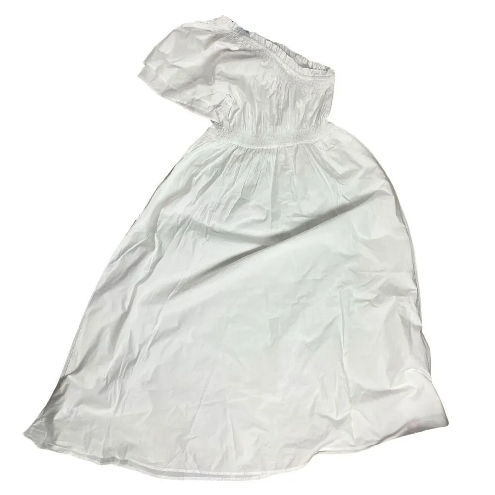 J Crew Midi Smocked Waist Dress Womens XS White One Shoulder Coastal Feminine